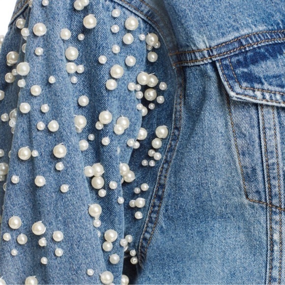 NEW Sunset & Spring Distressed Jean Jacket Oversized Pearl Embellished Denim XS - Picture 7 of 16